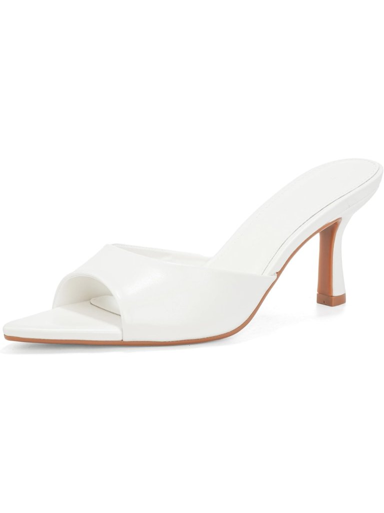 Women's White Faux Leather Open Pointed Toe Slip On Mid Kitten Heeled Sandals